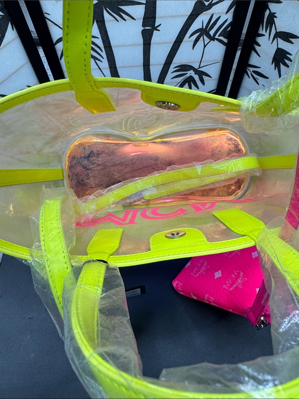 MCM Neon Yellow Iridescent Tote with Hot Pink Logo Wristlet - Picture 4 of 9